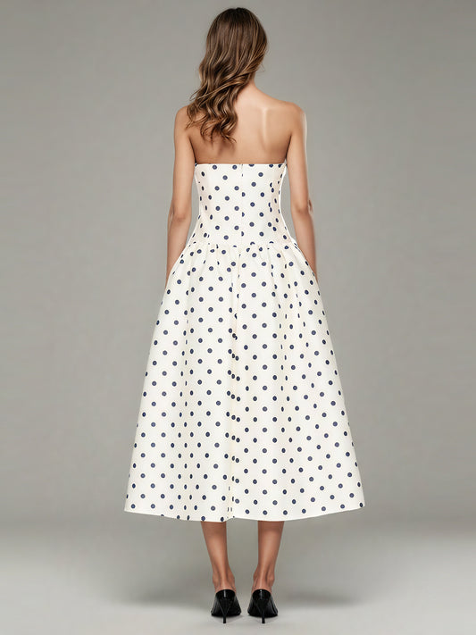 Beige Polka Dot Midi Dress with Spaghetti Straps