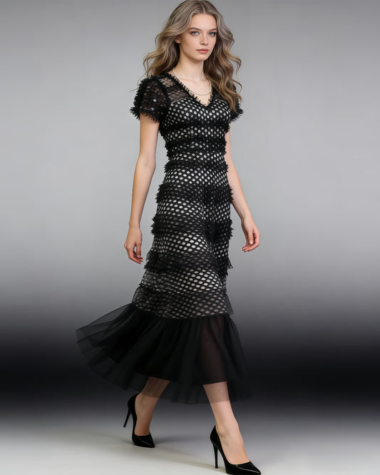 Black 3D Floral Ruffled Tulle Maxi Dress