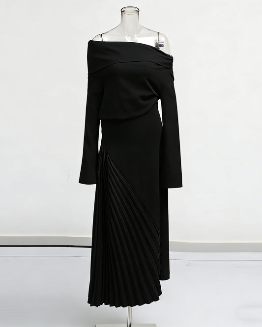 Black Asymmetric Off-Shoulder Pleated Maxi Dress