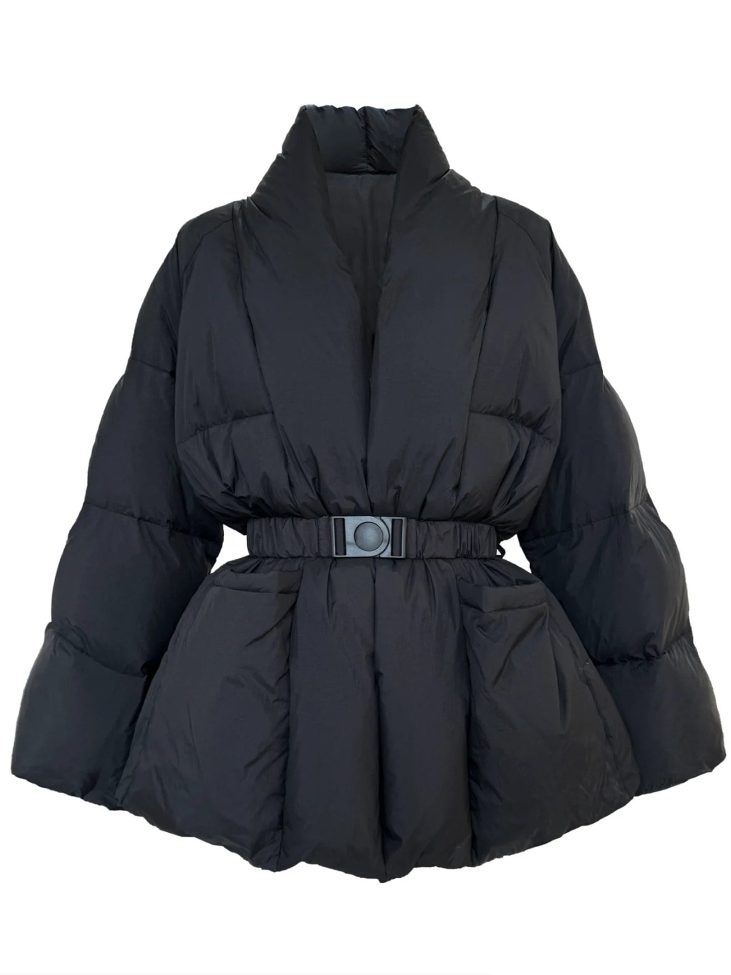 Black Belted Cotton-Padded Jacket with Kimono Collar