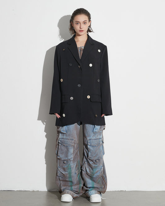 Black Blazer with Multi-Color Button Accents