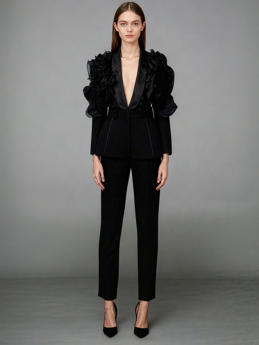 Black Blazer with Organza Ruffle Shoulder & Satin Lapel