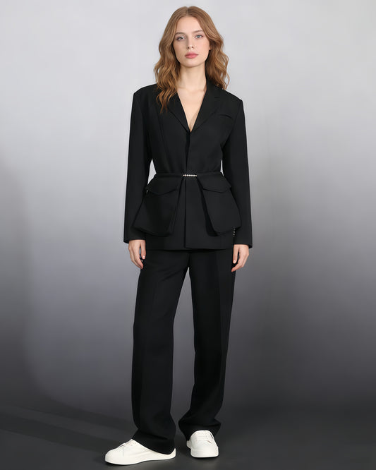Black Blazer with Pearl Belt & Pleated Waist
