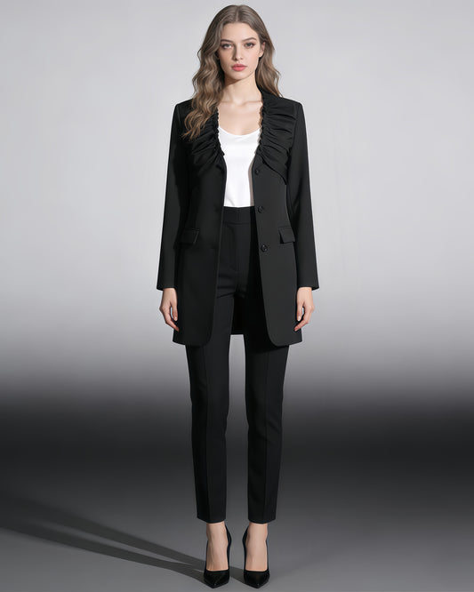 Black Blazer with Ruffled V-Neck
