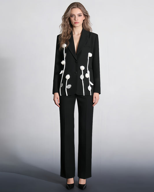 Black Blazer with White 3D Floral Appliqués