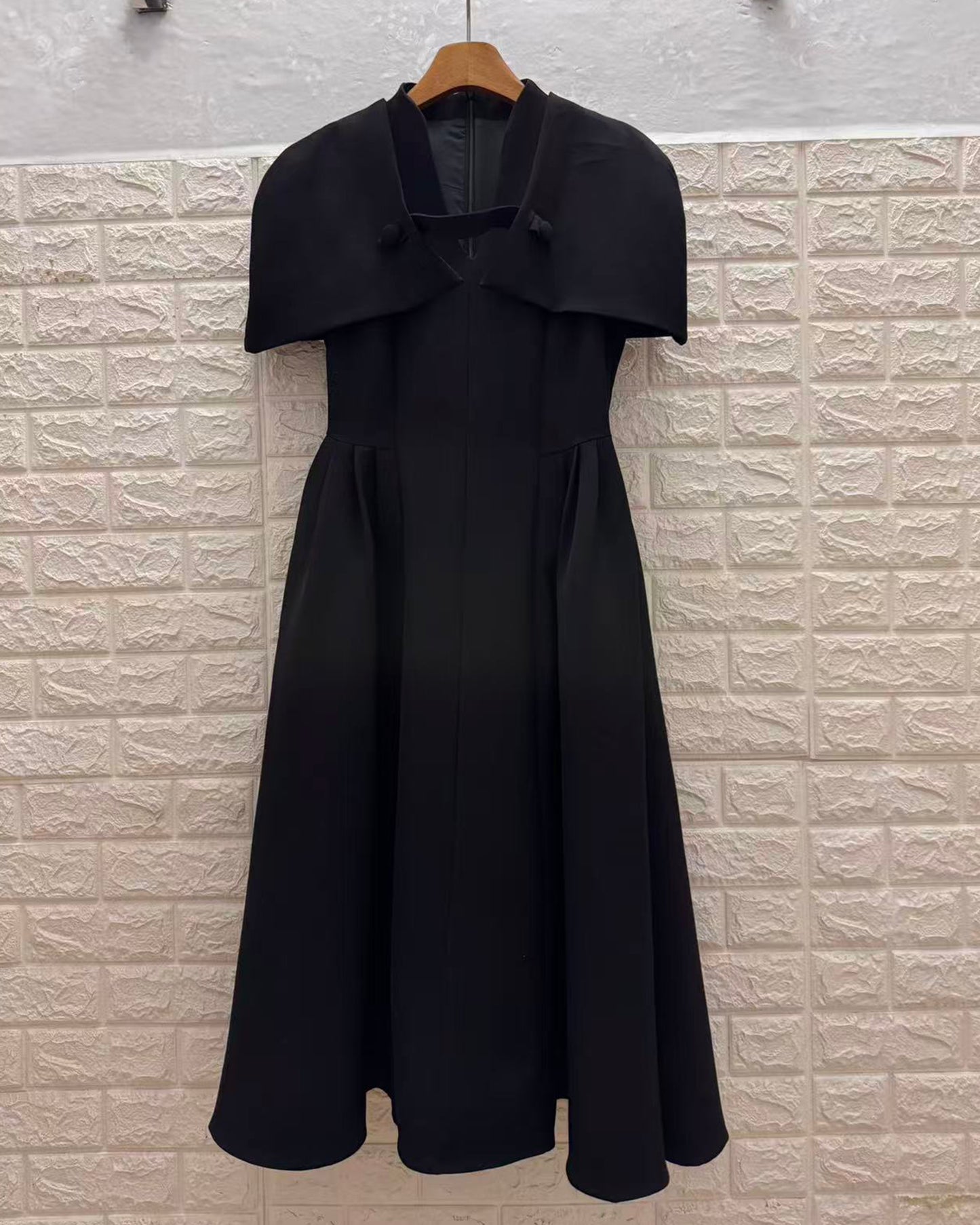 Black Cape-Style Fitted Flare Midi Dress