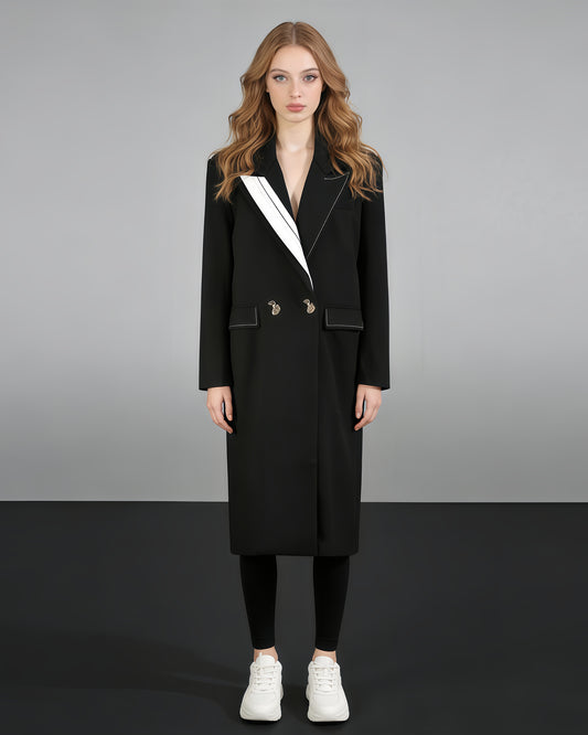 Black Coat with Contrast Stitching & Asymmetrical
