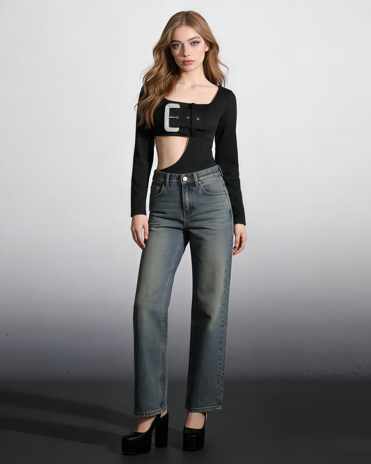 Black Crystal Buckle Cutout Bodysuit