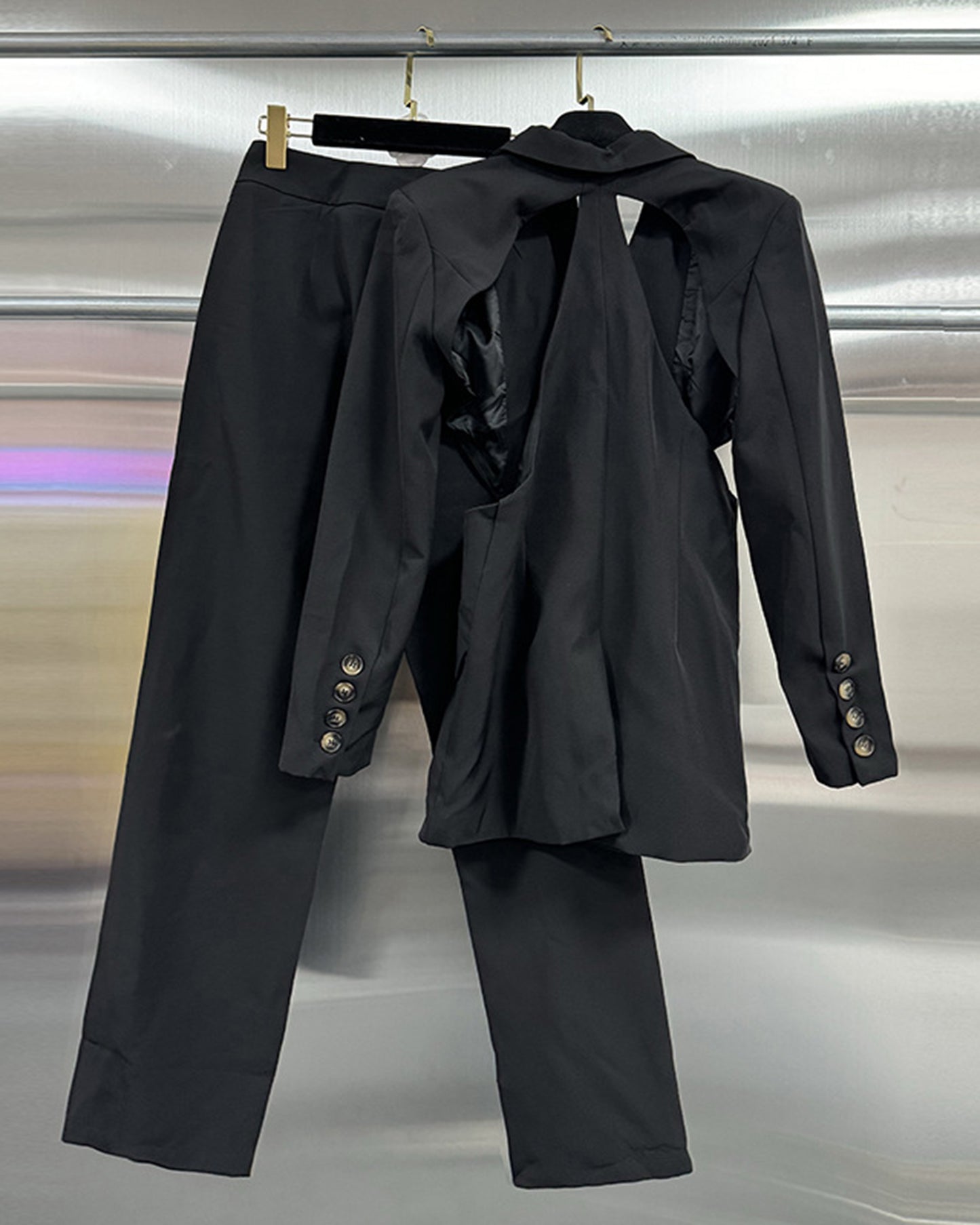 Black Cutout Blazer & Wide-Leg Pants Set
