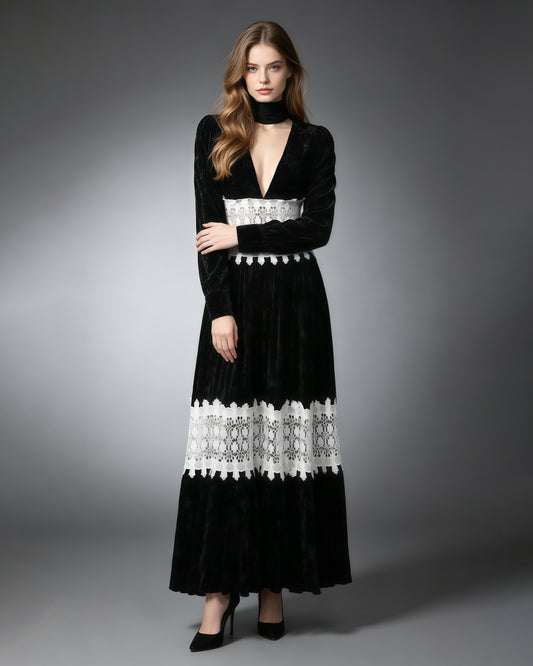 Deep V Long Sleeve Patchwork White Lace Maxi Dress
