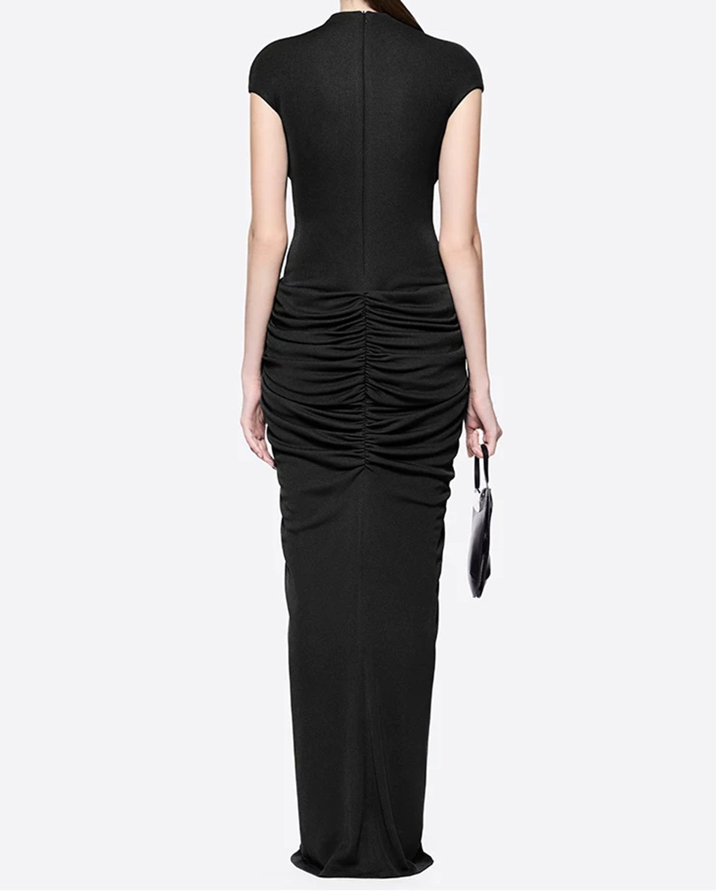 Black Draped Stand Collar Sleeveless Maxi Dress