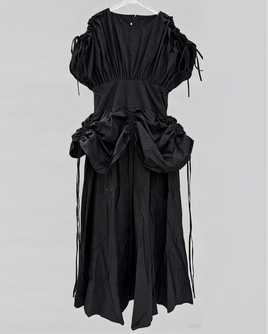 Black Drawstring Ruched Midi Dress