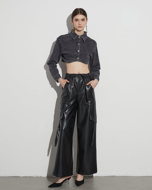 Black Faux Leather Cargo Pants with Belt