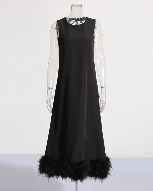 Black Feather-Trim Midi Dress