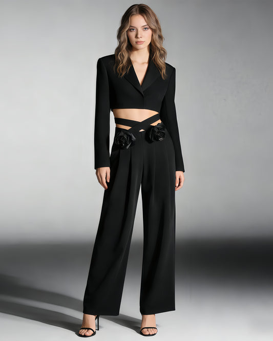 Black Floral Appliqué Wide-Leg Pants