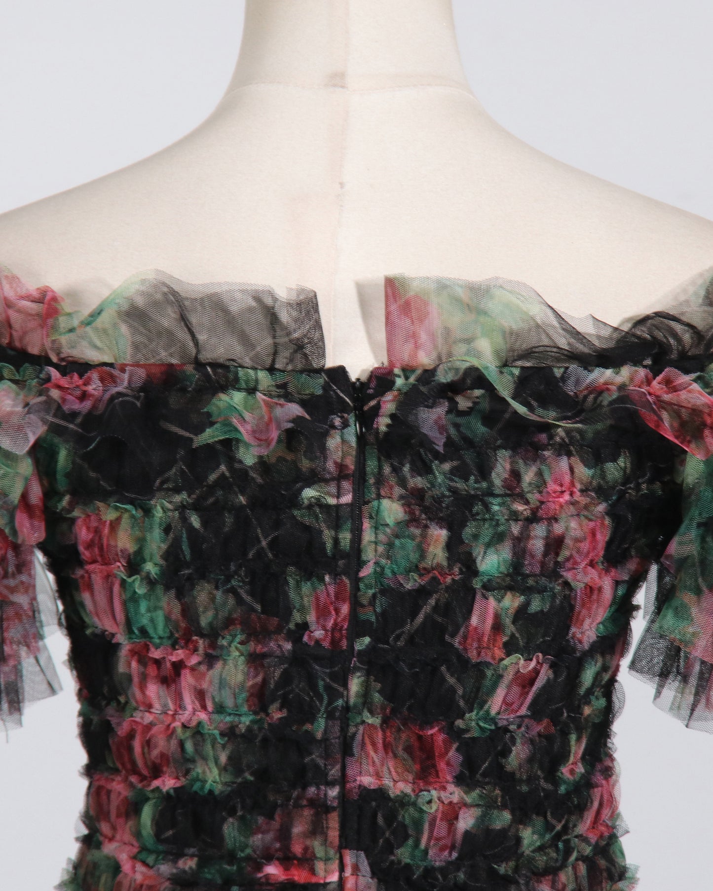 Black Floral Off-Shoulder Ruffled Tulle Maxi Dress