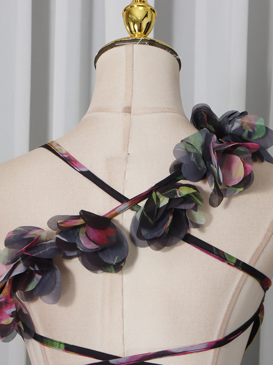 Black Floral Print 3D Flower Ruffle Mini Dress