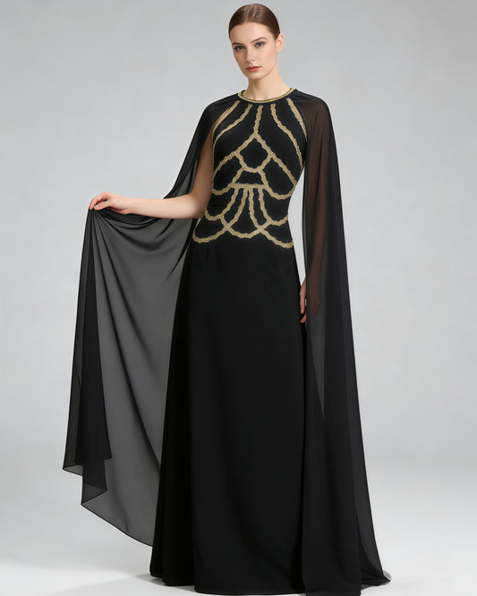 Black Gold Cape Elegant Maxi Dress