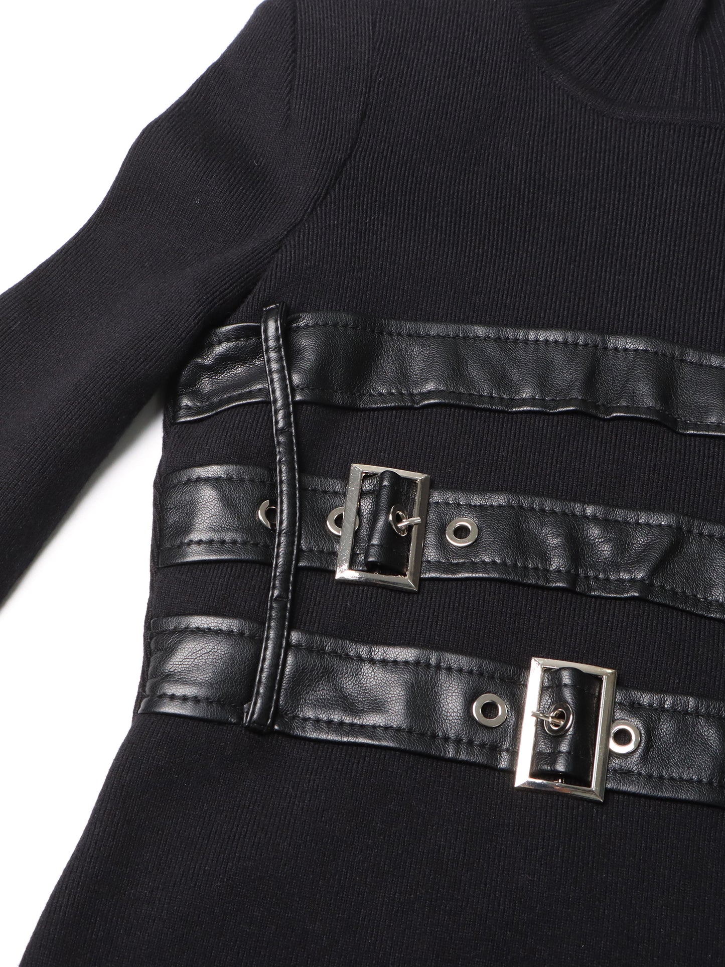 Black High Neck Midi Dress with Leather Buckle Details
