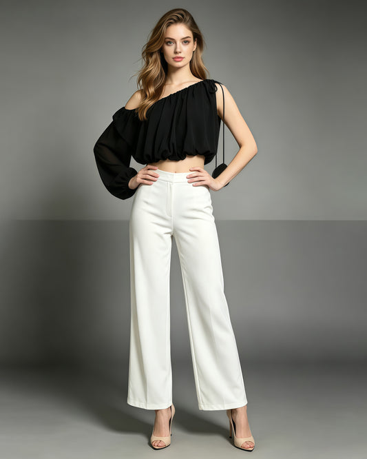 Black Irregular Sleeves Cropped Blouse