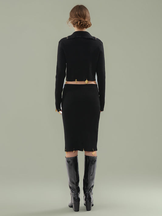 Black Knit Set with Gold Charm & Half-Zip Detailing