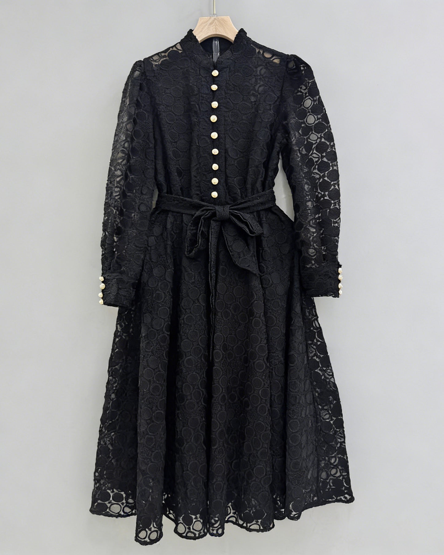 Black Lace Belted Midi Dress