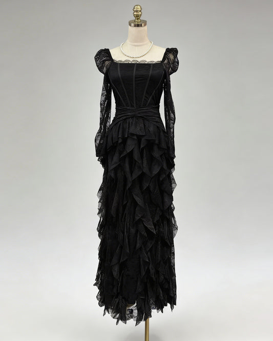 Black Lace Ruffle Maxi Dress