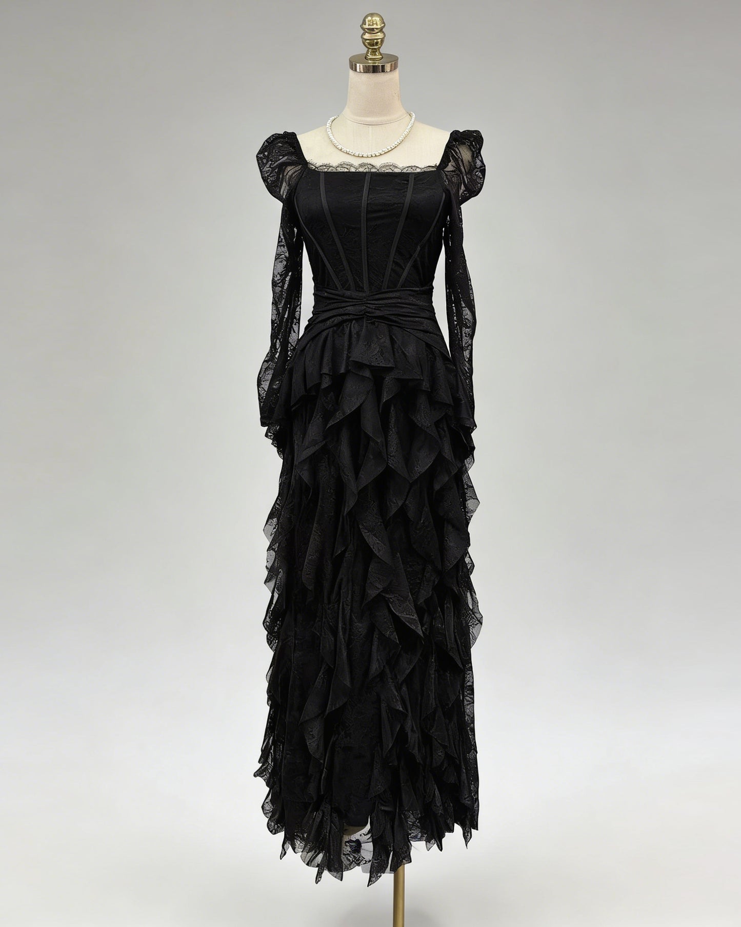 Black Lace Ruffle Maxi Dress