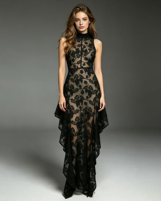 Black Lace Sleeveless Asymmetric Maxi Dress