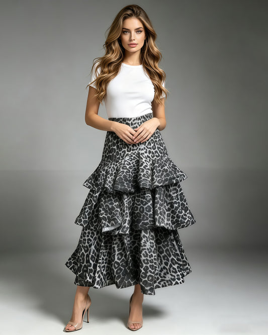 Black Leopard Tiered Ruffle Hem Maxi Skirt