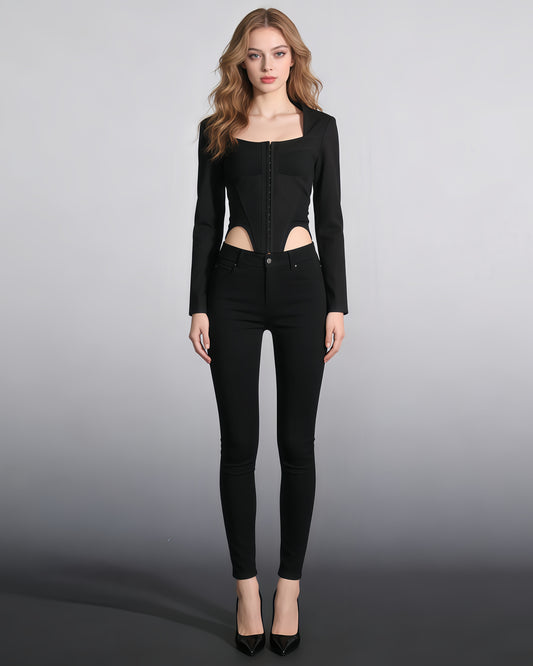 Black Long-Sleeve Corset Top Square Neck