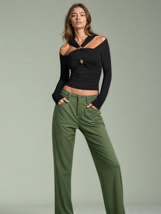 Black Long Sleeve Top with Gold Ring & Cutout Detail