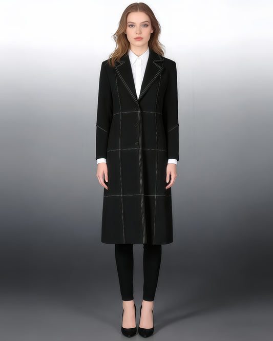 Black Longline Coat with White Contrast Stitching