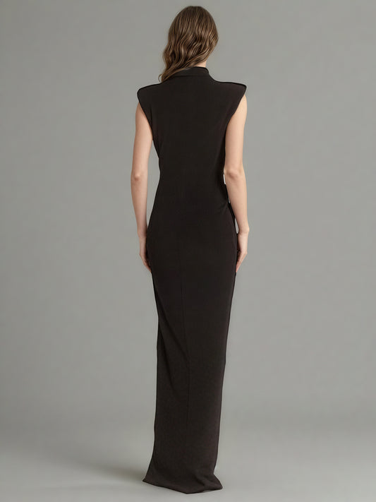 Black Maxi Dress with Gold Zipper & High Neck Detail