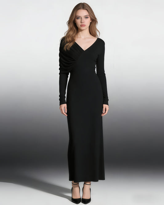 Black Maxi Dress with Ruched Shoulder & V-Neck