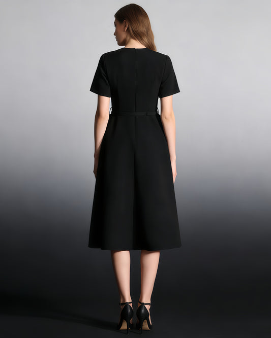 Black Midi Dress with 3D Roses & Chain Neckline