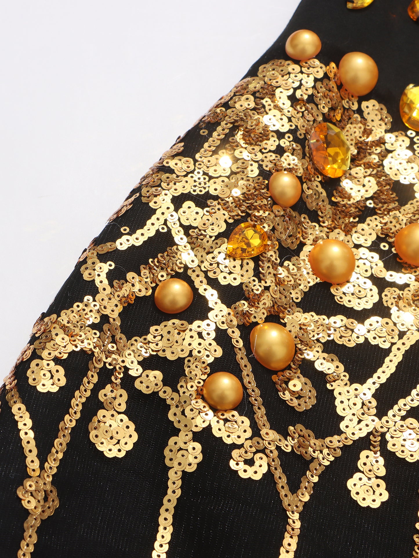 Black Mini Dress with Gold Rhinestone & Fringe Embellishments