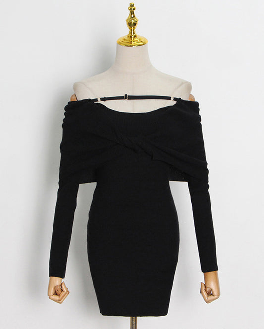 Black Off-Shoulder Knit Bodycon Dress