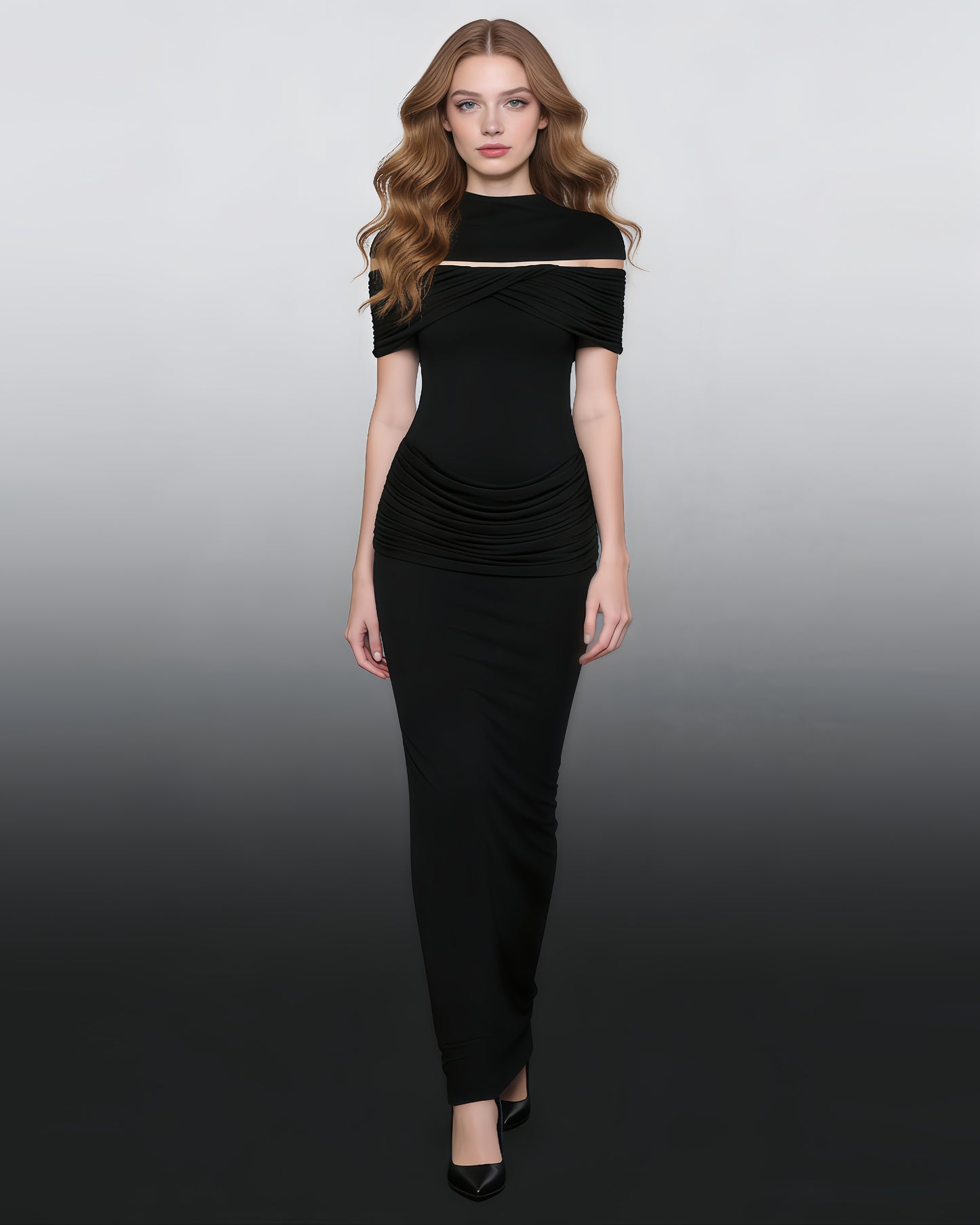 Black Off-Shoulder Ruched Bodycon Maxi Dress