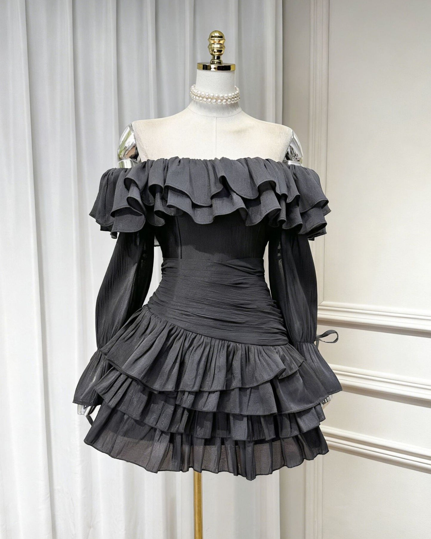 Black Off-the-Shoulder Ruffle Ruched Mini Dress
