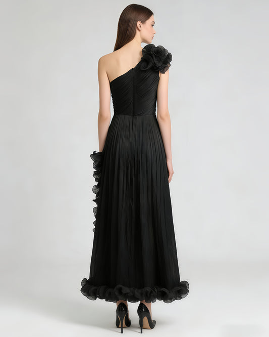 Black One-Shoulder 3D Floral Slit Maxi Dress