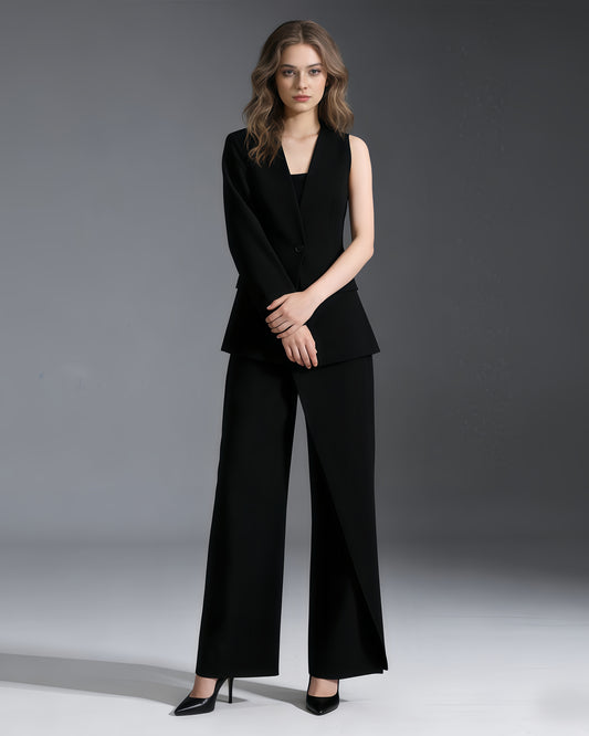 Black One-Sleeve Blazer & Wide-Leg Pants Set