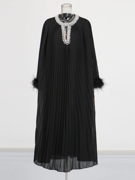 Black Pleated Maxi Dress with Crystal & Feather Details