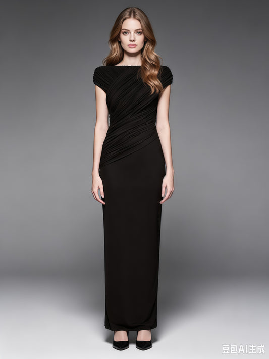 Black Pleated One-Shoulder Mermaid Evening Gown