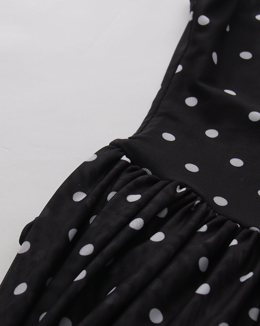 Black Polka Dot Sleeveless Ruched Bubble Hem Mini Dress