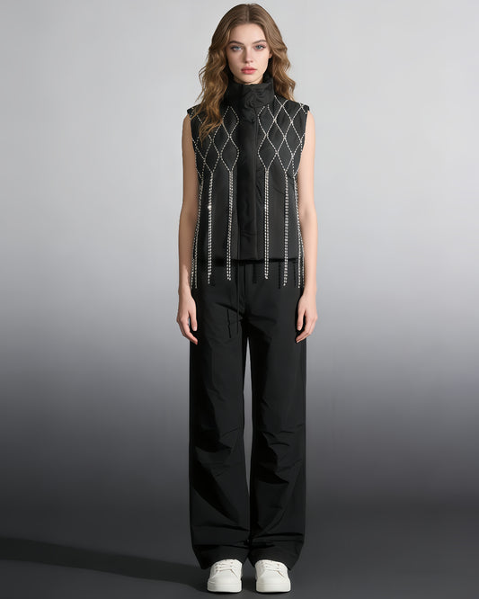 Black Quilted Vest with Crystal Fringe Embellishment