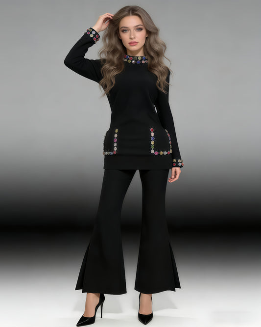 Black Rhinestone Fitted Flared Pants Two-Piece Set