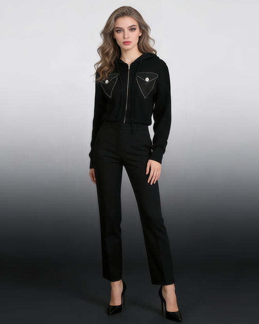 Black Rhinestone Pocket Hooded Knit Cardigan