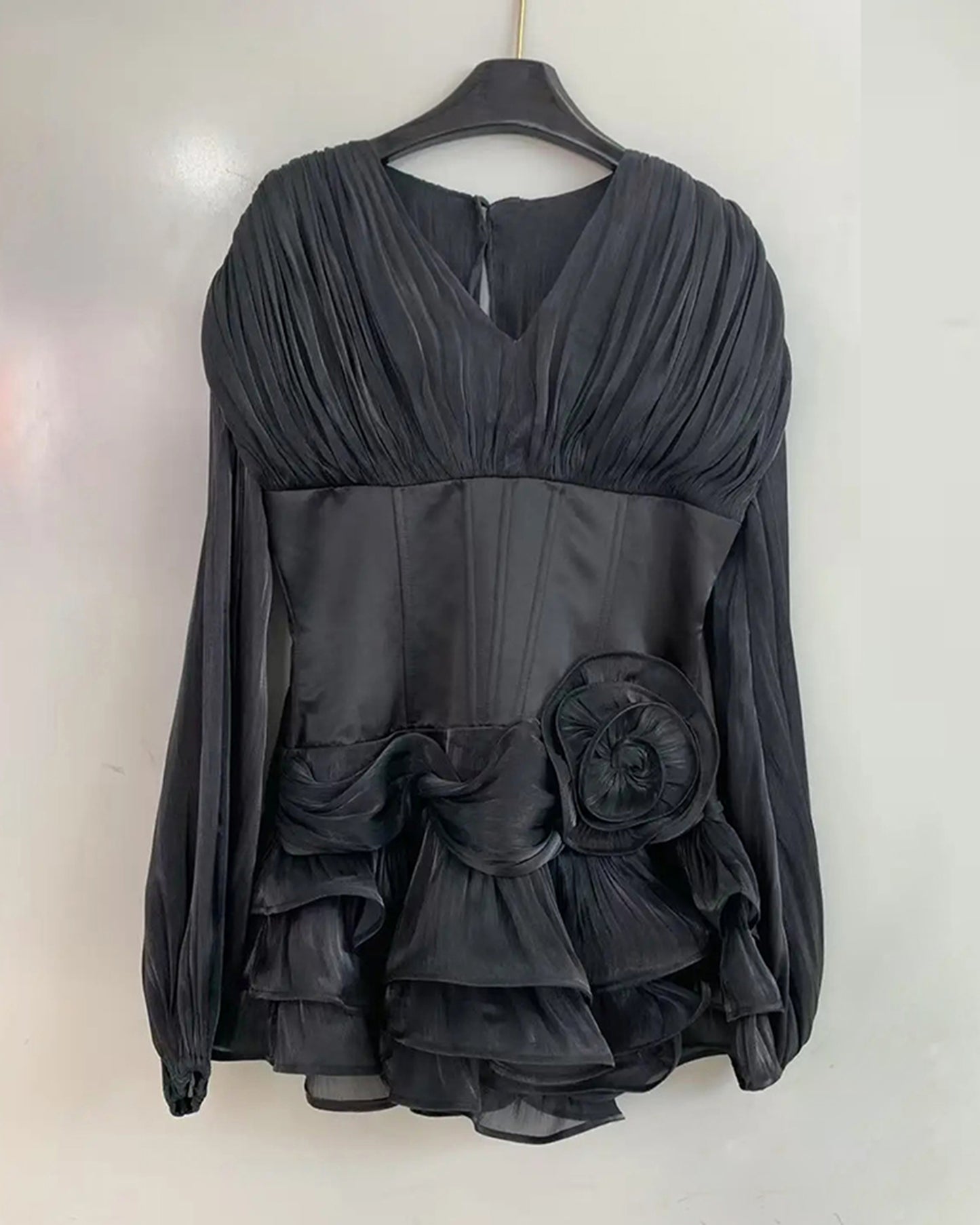 Black Ruched Corset Midi Dress with Ruffled Hem