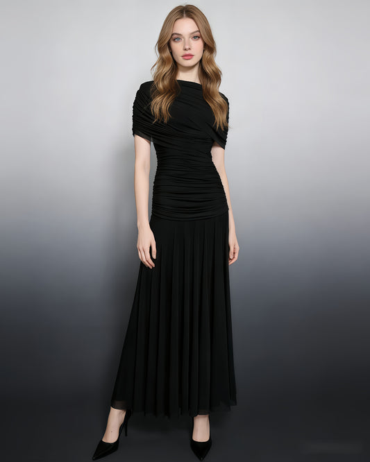Black Ruched Waist Draped Maxi Dress
